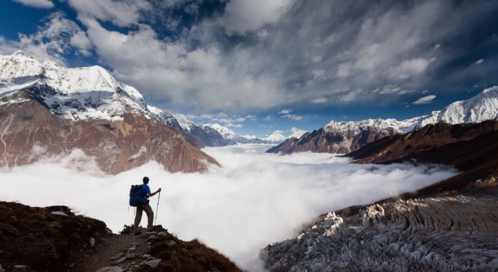 Trekking trail in the Manaslu Circuit region of Nepal with mountains, valleys, and traditional Himalayan villages